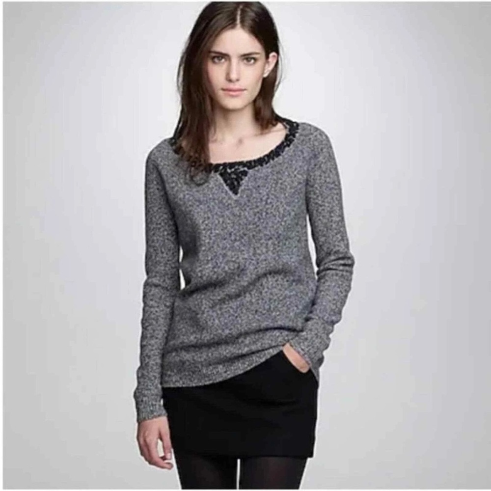 J. CREW Preppy Classic Holiday 100% Lamb's Wool Sequined Gray Sweater Size XS